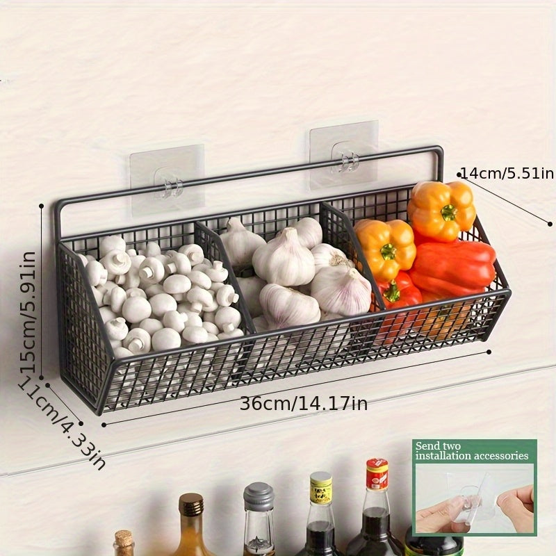 Wall Mounted Kitchen Storage Basket – Metal Wire Rack Organizer, 2 or 3 Grid Tier, Space Saving Vertical Pantry Shelf for Spices, Snacks & Beverages, Home Kitchen & Retail Store Display