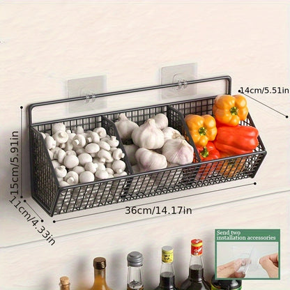 Wall Mounted Kitchen Storage Basket – Metal Wire Rack Organizer, 2 or 3 Grid Tier, Space Saving Vertical Pantry Shelf for Spices, Snacks & Beverages, Home Kitchen & Retail Store Display