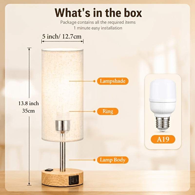 Dimmable Table Lamps With USB Charging Ports & AC Outlet, 3-Way Switch Control Bedside Nightstand Lamps, Wood/Metal Base, Modern Desk Lamps For Bedroom, Living Room, Office, Bulbs Included (1/2 Pack)