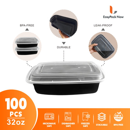 Meal Prep Containers 32oz 100 Pack – Black Stackable Leakproof Food Storage Set (50 Containers + 50 Lids), BPA-Free, Microwave & Dishwasher Safe, for Food Truck, Catering, Office Lunch & Takeout