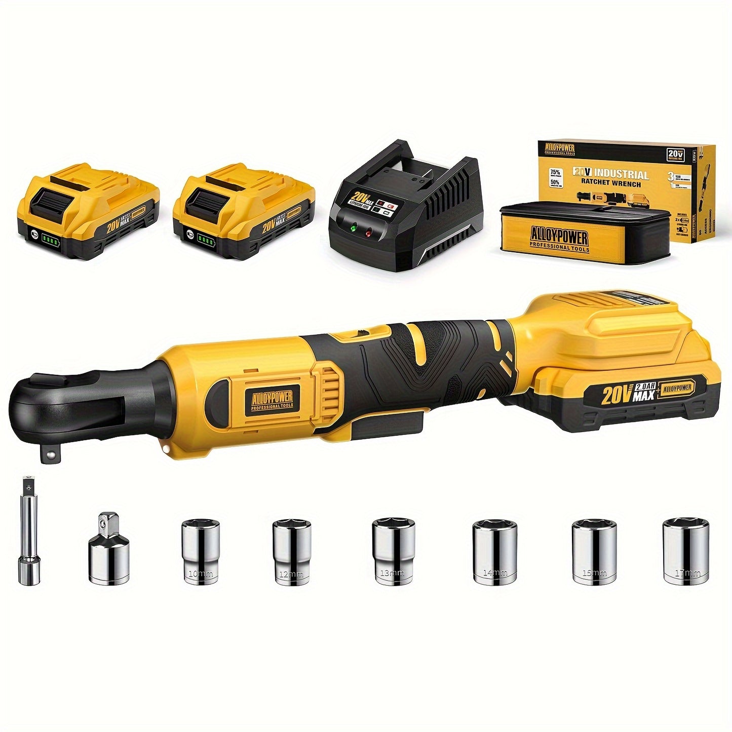 3/8" Cordless Ratchet Wrench Set, 60FT-LBS (80N.m) Electric Ratchet, 2 X 20V Chargeable Power Ratchet Wrench With Variable Speed, LED Light, 6 Sockets, 1/4" Adapter, 3" Extension Rod