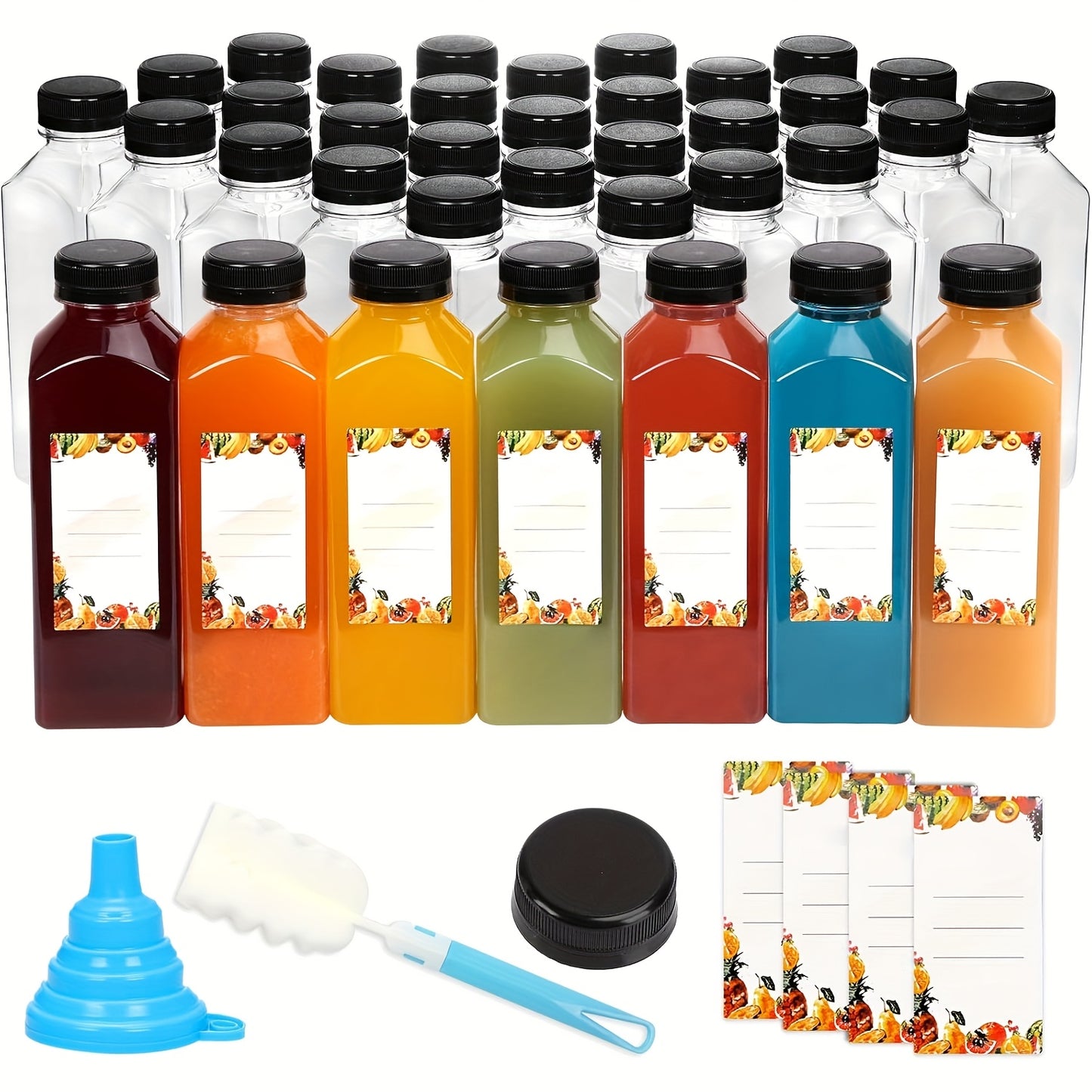 TOMNK 36pcs/42pcs/56pcs 16oz Plastic Juice Bottles with Caps, Refrigerator Juice Container with Lid, Reusable Container And Clear Beverage Bottle Can Hold Juice, Smoothies, Milk, for Halloween And Christmas. Funnel & Brush (Color Random).