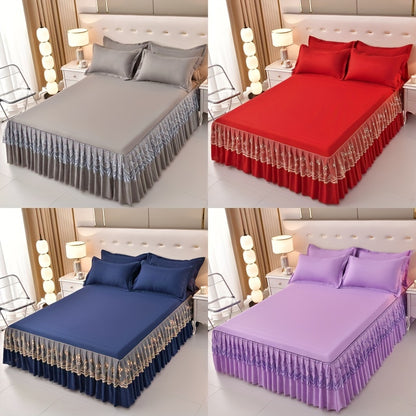 3pcs Macrame Bed Skirt Set (Bed Skirt *1+ Pillowcase*2, Without Core), Solid Color Double Layer Lace Bed Skirt All Seasons Universal Non-Slip Bedding