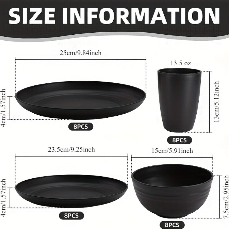 32/16pcs Dinnerware Sets Made from Wheat Straw, Including Plates And Bowls for 8 People, Featuring Black Plastic Dinnerware That Is Safe for Microwave And Dishwasher Use. This Dish Set Is Perfect for Valentine'S Day And Serves As a Durable Party Tab