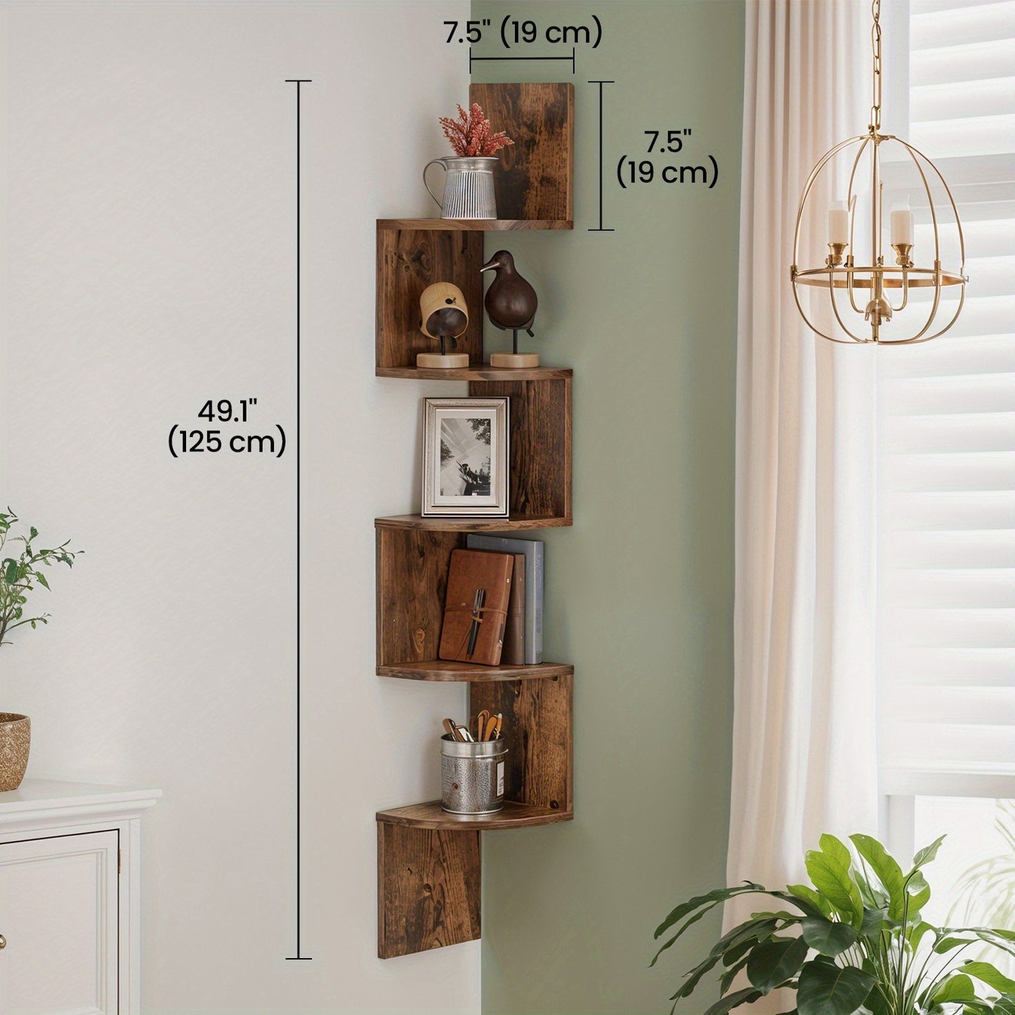 5-Tier Corner Floating Shelf Wall Mount - Space Saving Storage Rack for Bedroom, Living Room, Radial Display Organizer Easy Install (7.48*7.48*49.21inch), Wall Shelves for Display, Shelf for Living Room, Wall Shelves