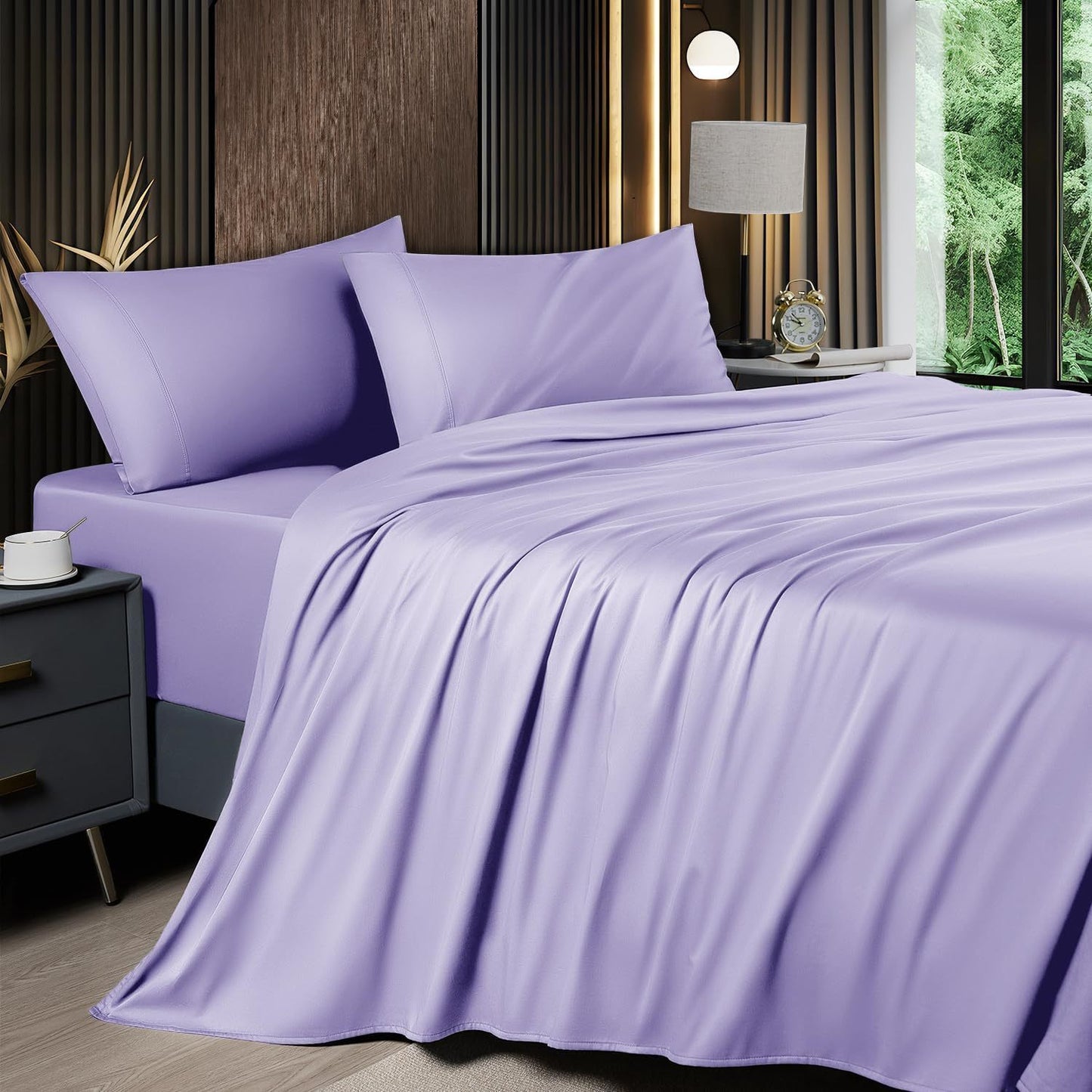 4pcs 2200TC Cooling Bamboo Bed Sheet Set Summer Chill Collection-16" Deep Pocket - Silky Soft Luxury Bedding W/ Flat Sheet, Fitted Sheet & Pillowcases (Beat The Hea Stay Cool All Night) Queen Size Sheet Set Breathable Sheets Sets Queen Size Gifts