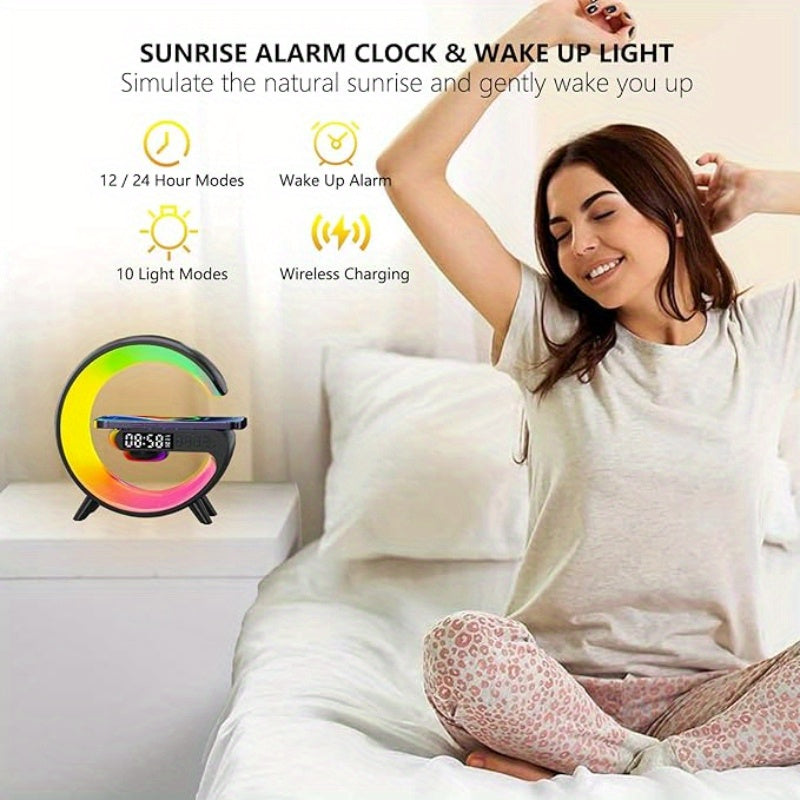 Version LED RGB Night Light Multifunctional Cell Phone Wireless Charging Station Fast Wireless Charger Portable Speaker Hi-FI Sound Quality Alarm Clock for iPhone 16 15 14 13 12 11 X for 4 3 2 for Holiday Gift