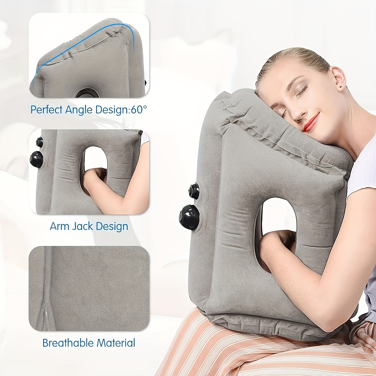 Inflatable Nap Pillow for Neck Support | Portable Air Cushion with Soft Microfiber Cover | Grey | Hand Wash Only | For Aviation, Train, Car, Office
