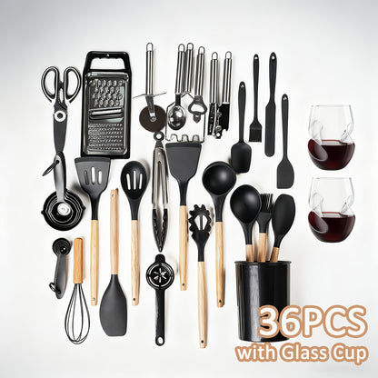 Silicone Cooking Utensils Set 35-Piece with Holder Rack Wooden Handle Heat Resistant Kitchen Tools for Non-Stick Pans – Complete Kitchen Utensil Set in Multiple Colors