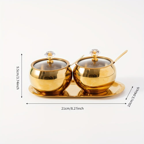 1 Set of 2/3 Stainless Steel Seasoning Jars Set, Spice Containers with Lid and Spoon, Golden Seasoning Bottles with Serving Tray, Suitable for Pepper, Salt, Spices, Candy, Coffee Beans Kitchen Jar Set