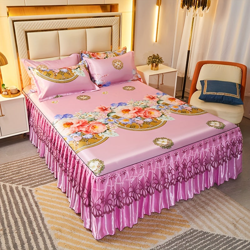 3pcs Double Layer Ruffle Bed Skirt Style Cool Mat Three Piece Set with Pillowcase Washable High Weight 360° Full Wrap