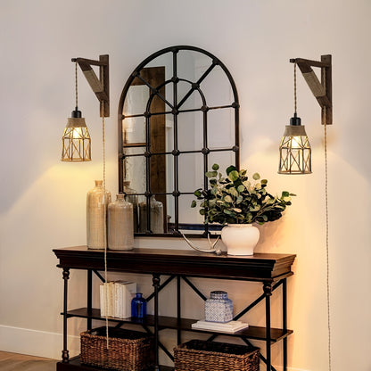 Plug In Wall Sconces Set Of 2 Or 1, Farmhouse Hanging Lamps That Plug Into Wall Outlet, Rustic Metal Cage Sconce with Wooden Bracket for Bedroom Living Room Headboard.