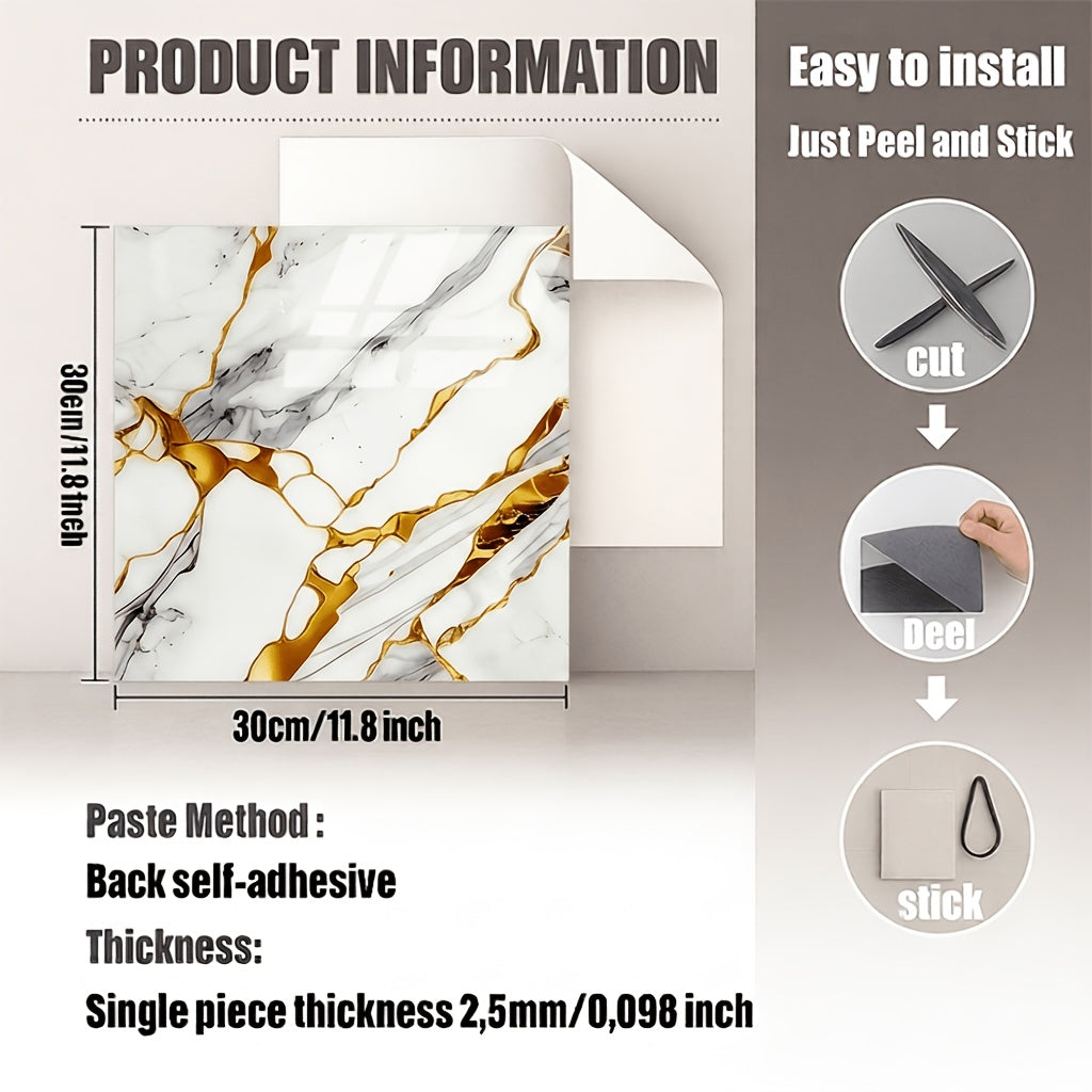 Self-Adhesive Marble Tile Stickers 11.8x11.8in Peel and Stick Wall Tiles for Bathroom Kitchen Backsplash – Waterproof 3D Glossy Imitation Marble Wall Panel, Easy to Install, 50 or 100 Pack