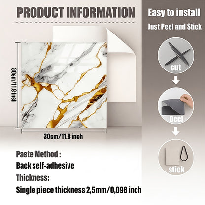 Self-Adhesive Marble Tile Stickers 11.8x11.8in Peel and Stick Wall Tiles for Bathroom Kitchen Backsplash – Waterproof 3D Glossy Imitation Marble Wall Panel, Easy to Install, 50 or 100 Pack