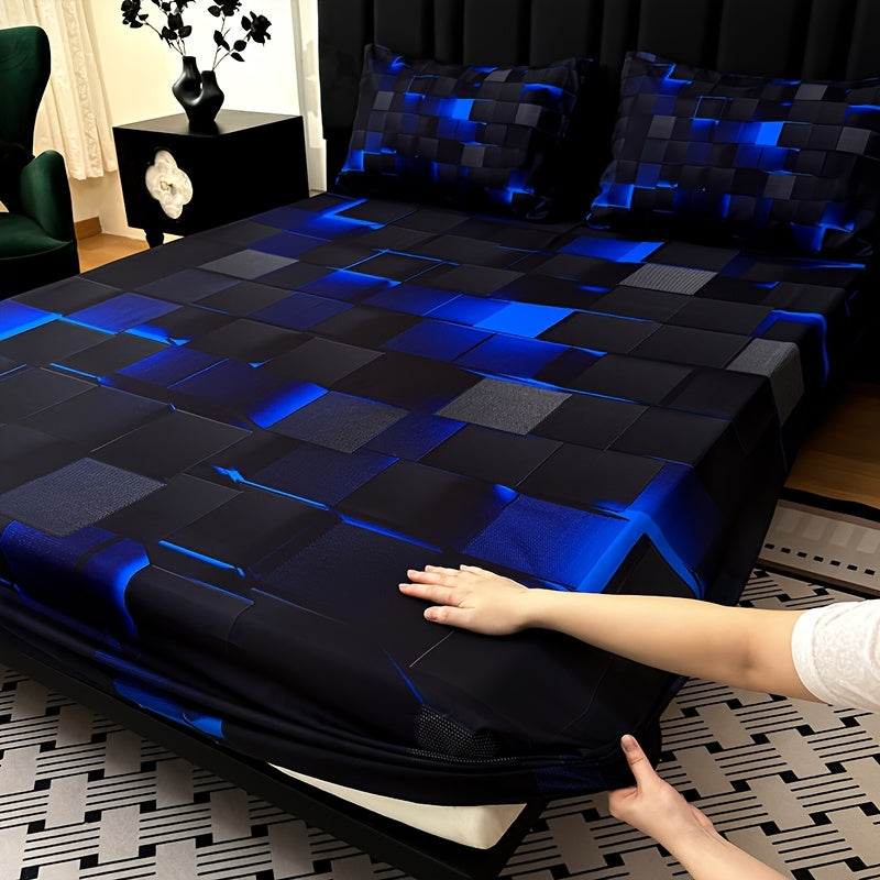 3pcs Cool Technology Digital Printing Material Plaid Fitted Sheet(1pc Bed Sheet+2pcs Pillowcase No Filling) Deep Pocket In 15 Inch, At Home Dormitory Suitable for All Seasons Mattress Protector