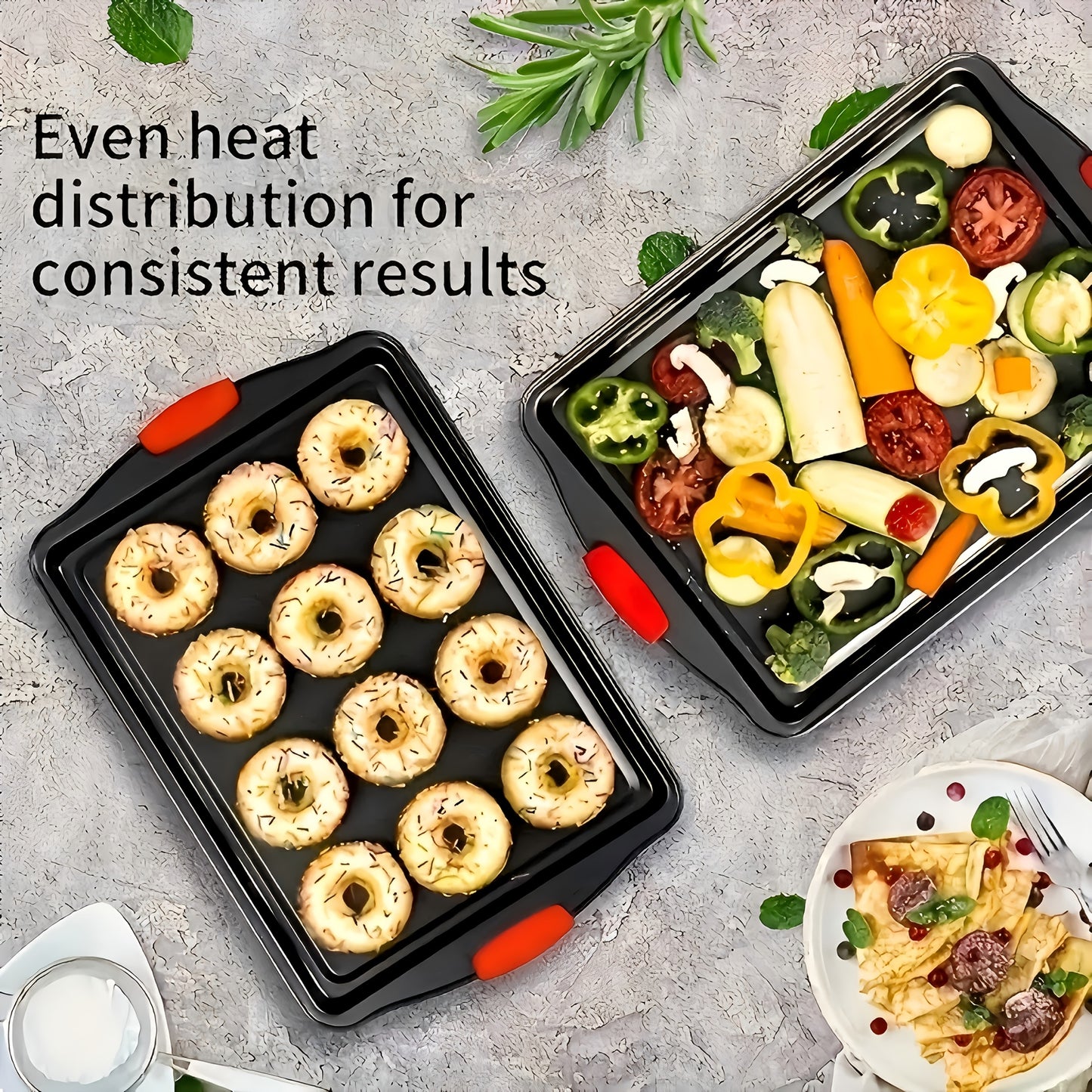 Set of 3 Carbon Steel Non-Stick Baking Pans | Additions for Oven & Toaster, Suitable for Commercial Use, Double-Sided Non-Stick End, Elegant Design with Red Silicone Handle - Safe for Oven Use, Professional Kitchen Tools