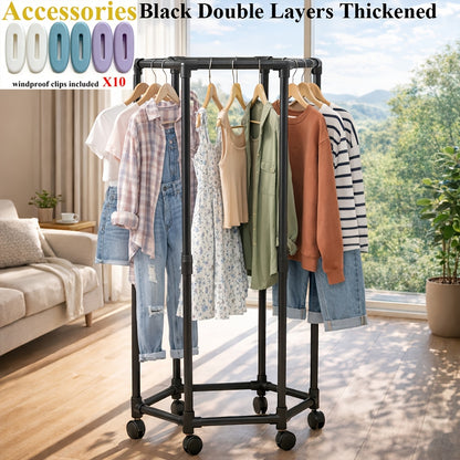 Portable Rolling Hexagon Drying Rack with High-Capacity Storage - Sturdy Metal Floor Stand, Multi-Bar & 10 Clips | Easy-Move Wheels for Bedroom, Balcony, Dorm | Holds Numerous Garments., Drying Racks