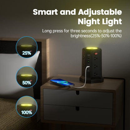 Surge Protector Power Strip Tower with 12 AC Outlets 5 USB Ports 8.8FT Extension Cord Night Light 4 Individual Switches Overload Protection for Home Office Desk Dorm Room