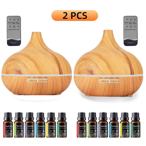 Aroma Diffuser Set 2 Diffusers 6 Essential Oils 550ml Wood Grain Cool Mist Humidifier Soundwave Technology 7-Color Light Timer for Large Room Bedroom Home Office
