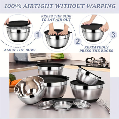 8pcs Stainless Steel Mixing Bowl Set - Includes Airtight Lids and Non-Slip Silicone Base, Perfect for Baking, Serving, Storing, and Kitchen Organization