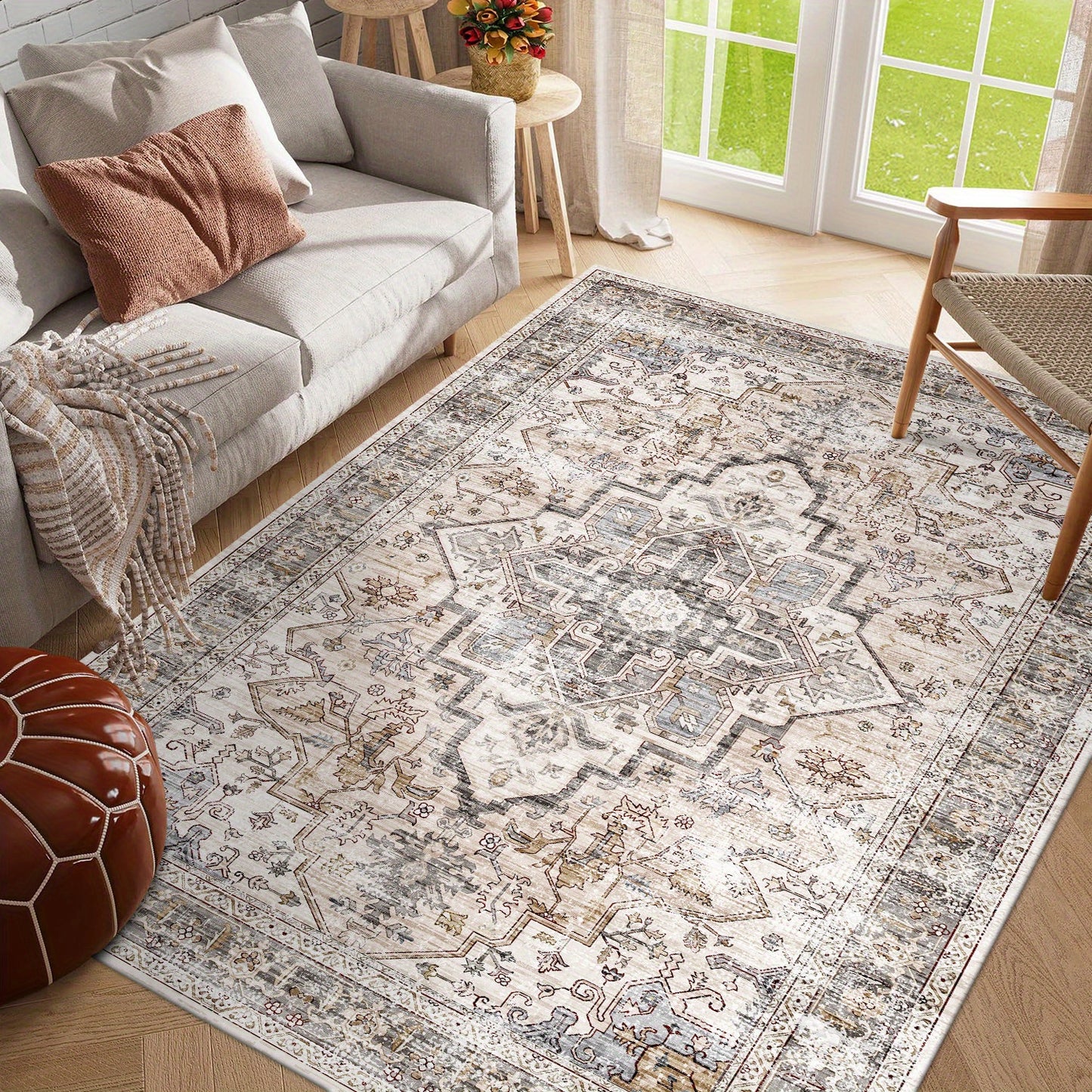 Bohemian Beige Washable Rugs, Ultra-Soft Area Rugs, Non-Slip Retro Rugs Foldable, Living Room And Bedroom Rugs
