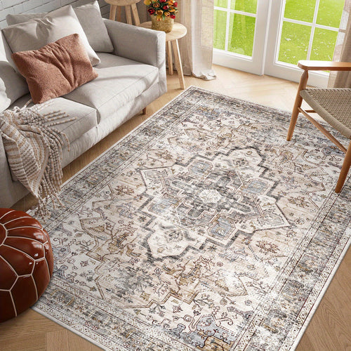 Bohemian Beige Washable Rugs, Ultra-Soft Area Rugs, Non-Slip Retro Rugs Foldable, Living Room And Bedroom Rugs