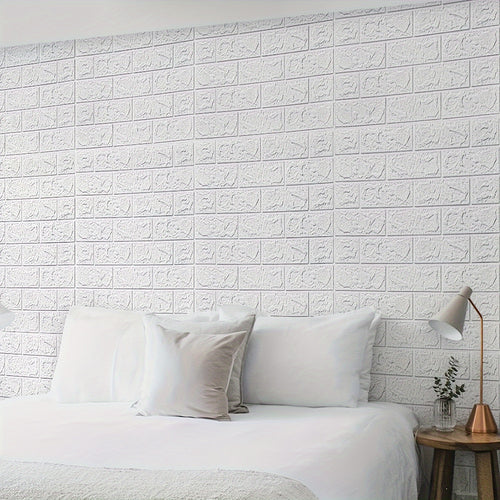 100pcs 3D White Foam Soft Brick Wallpaper Wall Sticker Wall Panel Self Adhesive Waterproof Room Home House Bahtroom Kitchen Wall Decoration