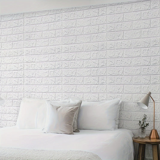 3D Foam Brick Wall Stickers 100pcs Self Adhesive Waterproof Peel and Stick Wallpaper Panels for Bedroom Living Room Bathroom Kitchen Home Decor White