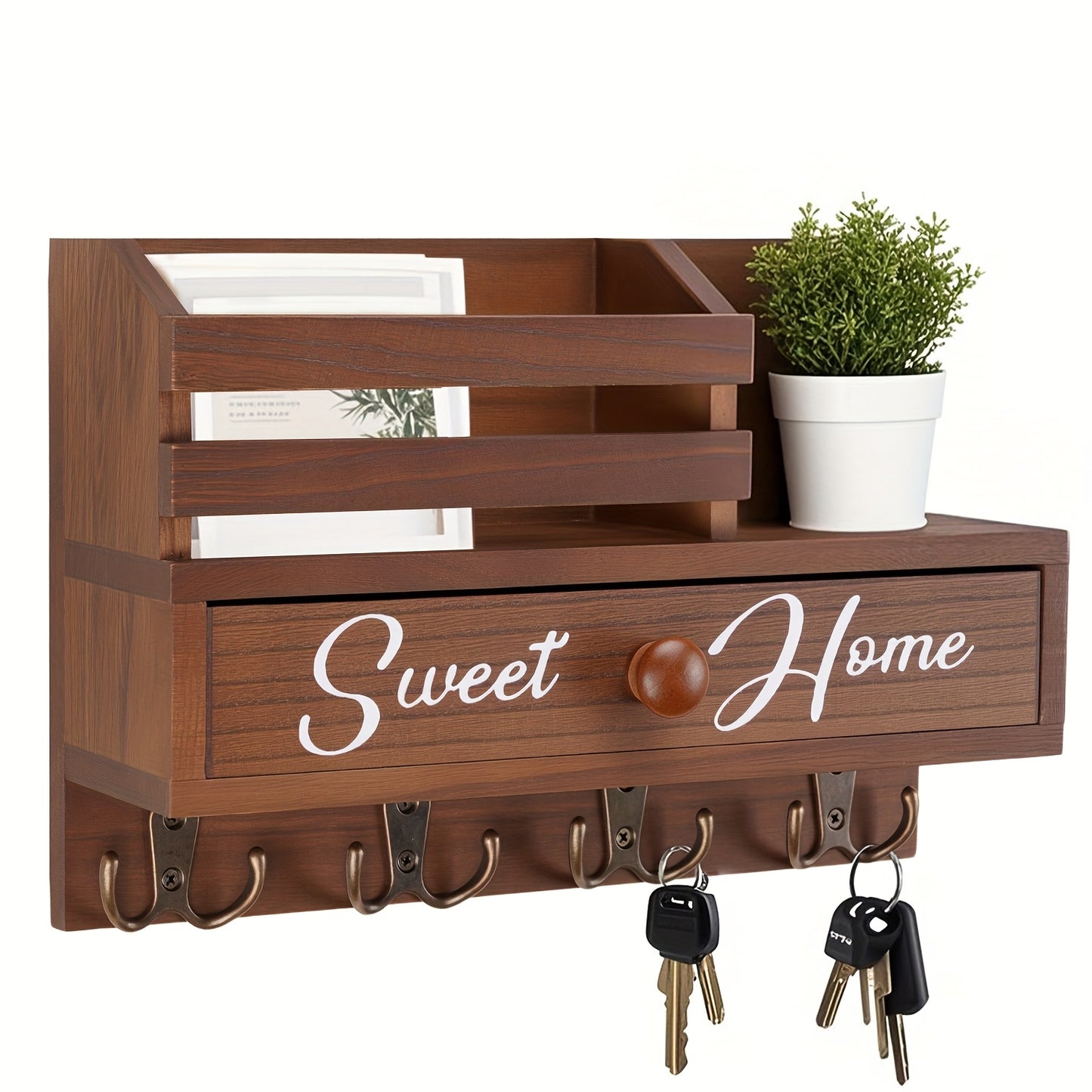 Key Holder for Wall with Drawer 8 Hooks – Rustic Wood Wall Mounted Key & Mail Organizer for Entryway, Kitchen, Mudroom, Office, Adhesive & Paintable Hooks, Space Saving Entryway Decor Storage