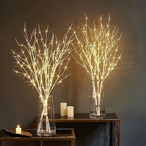 2pcs Decorative Simulation Of Luminous Birch Branches With Green Plants, Artificial Branch Lights Powered By Batteries, Suitable For Elegant Indoor Christmas And New Year Decorations, Fashionable Home Accessories, Decorative Reading Lights