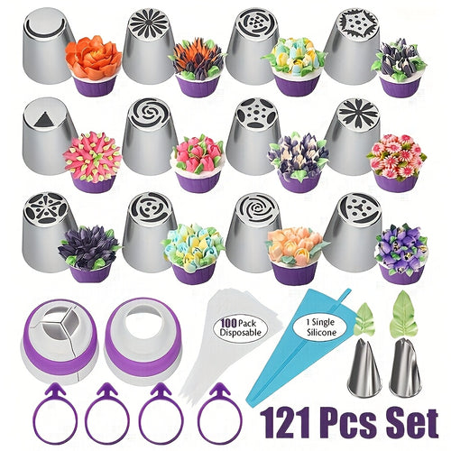 121pcs Russian Piping Nozzle Set, Including 12 Flower Pastry Tips Nozzles Icing Tips, 2 Leaf Shape Piping Tips, 2 Couplers And 100 Pipping Bags, for Cake Decorating Tools, Baking Supplies for Cookie Cupcake