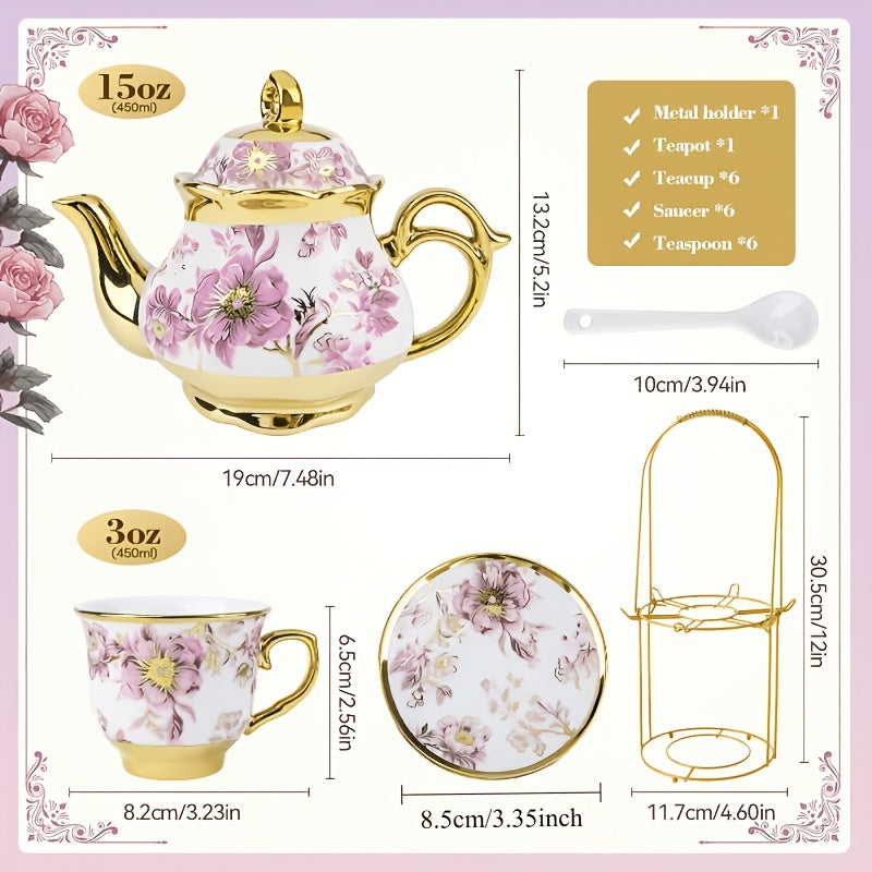 20pcs Premium Italian Teapot And Teacup Set, 20pcs Floral Ceramic Tea Set with Saucers, European Afternoon Tea Service Including Metal Stand, Blooming Design Cups, Complete Tea Accessories, Perfect Gift for Tea Lovers, Ideal for Special Occasions