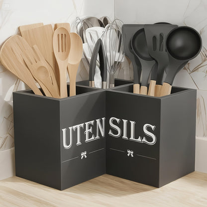Kitchen Utensil Holder with 3 Compartments Extra Large Wooden Countertop Organizer | Farmhouse Black Kitchen Storage for Spatulas Whisks Spoons | Rustic Wood Utensil Caddy for Kitchen Organization