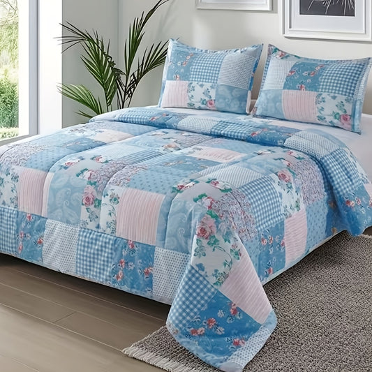 3pcs Floral Print Duvet Cover Set (1 X Duvet Cover And 2 X Pillowcases, Without Core), All-Season Lightweight Patchwork Kids Comforter Cover with Zipper, Pastoral Style Flower Plaid Patchwork Print Bedding Comfortable Duvet Cover, for Kids Bedroom