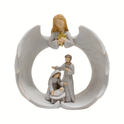1pc The Nativity Scene Featuring The Holy Family And an Angel Statue - a Beautifully Crafted White Resin Religious Figure, Detailed Indoor Decoration, Ideal for Holiday Adornment (White)