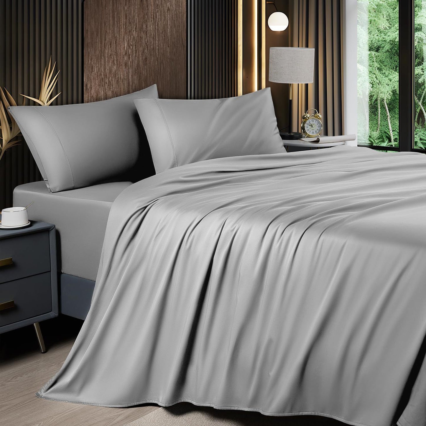 4pcs 2200TC Cooling Bamboo Bed Sheet Set Summer Chill Collection-16" Deep Pocket - Silky Soft Luxury Bedding W/ Flat Sheet, Fitted Sheet & Pillowcases (Beat The Hea Stay Cool All Night) Queen Size Sheet Set Breathable Sheets Sets Queen Size Gifts
