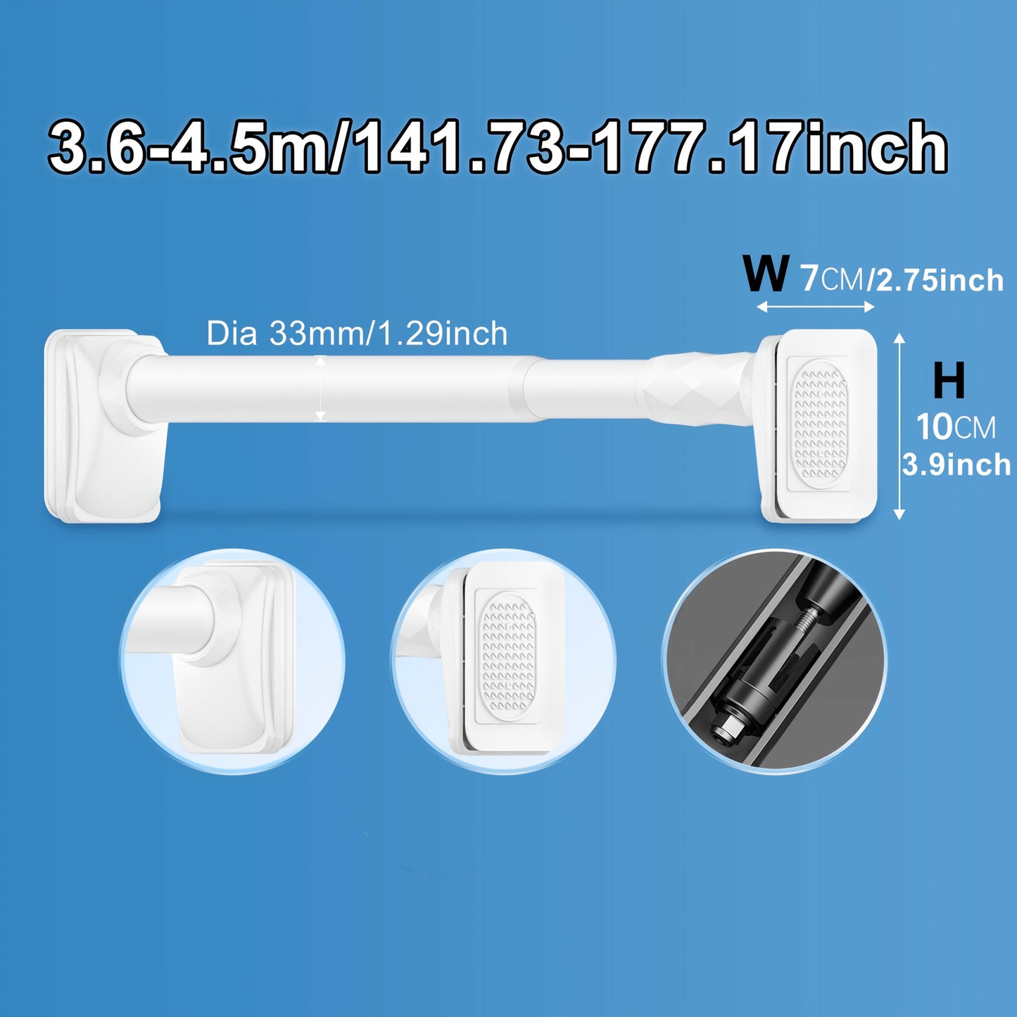 15.75inch - 196.85inch No Drilling Curtain Rail 33Mm Diameter Telescopic Shower Curtain Rod, Extendable Telescopic Rod, Long Adjustable Curtain Rod for Large Windows