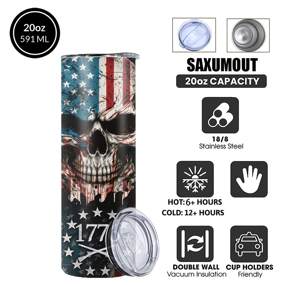 Patriotic Skull Pattern Coffee Cup, 20oz Stainless Steel Insulated Tumbler With Lid & Straw, Beverage Container Or Travel Cup For Hot & Cold Drinks, 20oz Camping Drinkware, Ideal Gift For Birthday, Holiday, Parties, Anniversary, Halloween, Christmas