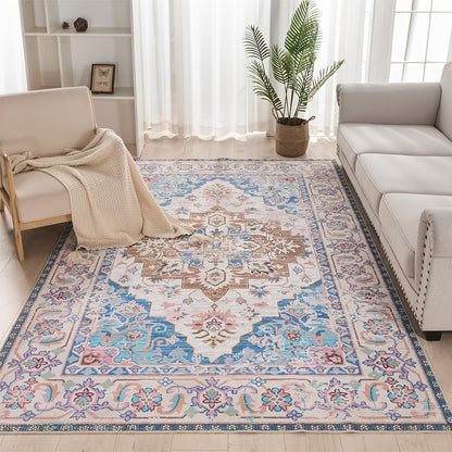 Vintage Persian Area Rug Machine Washable Non-Slip Non-Shedding Floral Indoor Carpet for Living Room Bedroom in Multiple Colors and Sizes