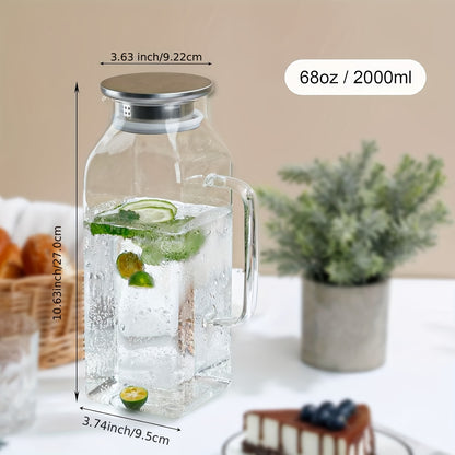 2/4 Pack 2 Liters/68 Oz Square Glass Pitcher With Lid And Handle For Fridge, Iced Tea And Coffee Carafe Beverage Serveware, Heat Resistant Borosilicate Water Jug For Hot/Cold Drinks And Milk