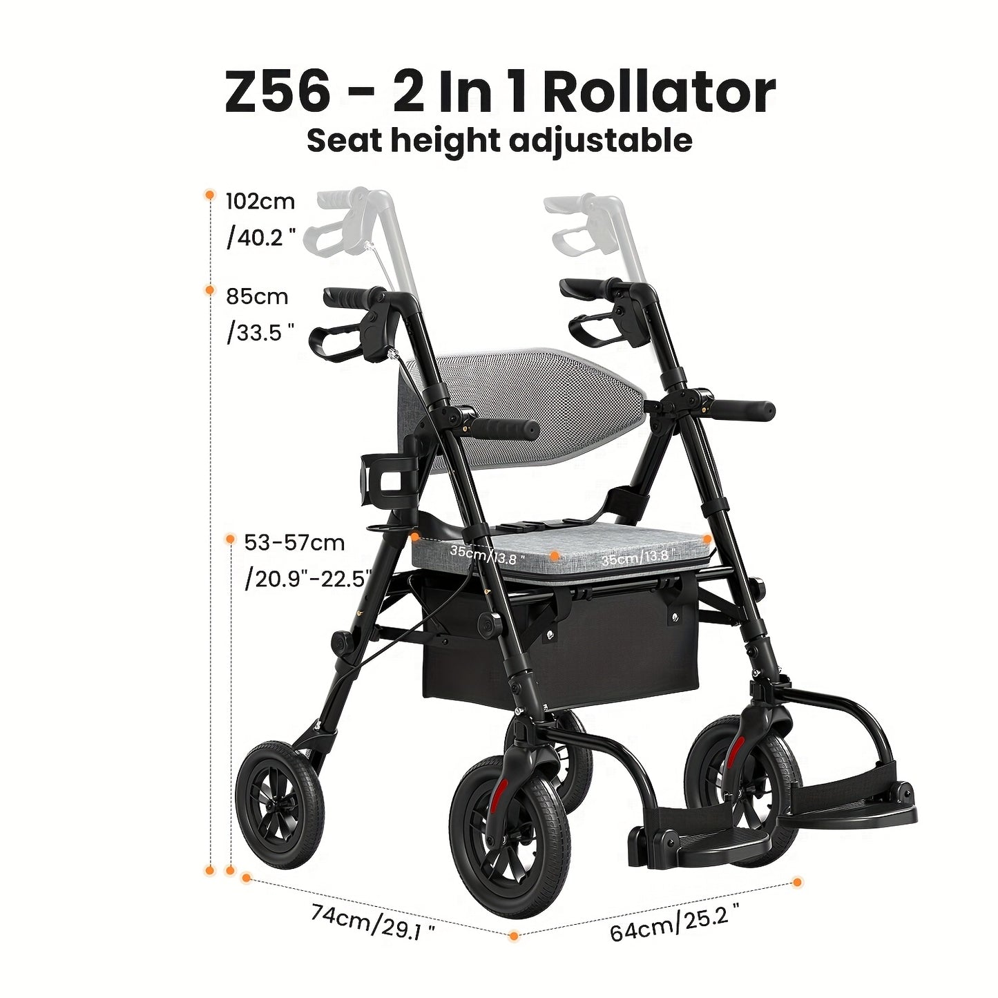 Rollator Walker for Seniors Foldable with 8-Inch Big Wheels, Durable Aluminum All-Terrain Rolling Walker with Ergonomic Backrest & Dual Adjustable Height, Upright Walker Option Available for Elderly