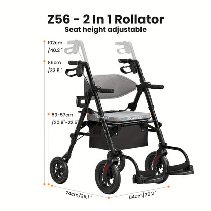 Rollator Walker for Seniors Foldable with 8-Inch Big Wheels, Durable Aluminum All-Terrain Rolling Walker with Ergonomic Backrest & Dual Adjustable Height, Upright Walker Option Available for Elderly