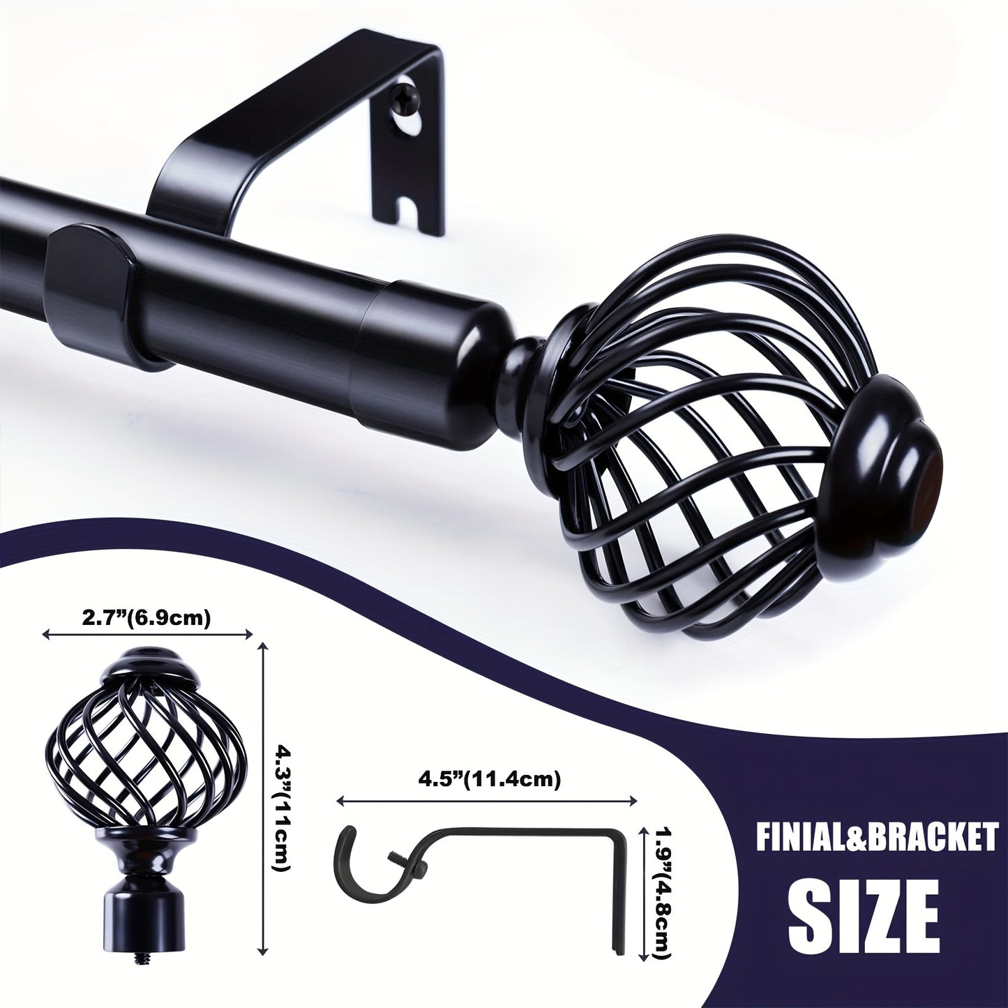 Curtain Rods for Windows, Modern Decorative Brass Drapery Rods, Heavy Duty Curtain Rods, Black Curtain Rods for Bedroom, Living Room, Patio, Kitchen, Farmhouse, Adjustable Easy Install Curtain Rods