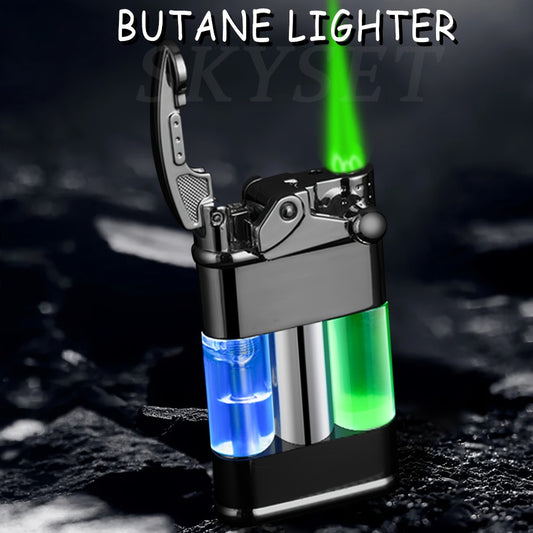 Green Flame Metal Lighter Windproof – Refillable Butane Gas Lighter with Adjustable Flame, Fuel Window & Rocker Arm Ignition, Cool Multifunctional Lighter for Outdoor Camping BBQ Cigars (No Butane)