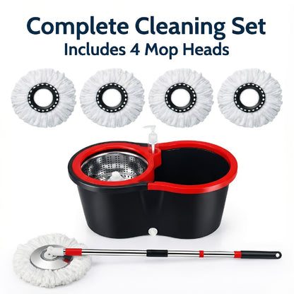 Spin Mop And Bucket Set, 4 Mop Heads Or Bucket with Wringer Set, 360°Spin Mop Kit with 2 Microfiber Mop Heads, Spinning Mop Bucket System for Floor Cleaning