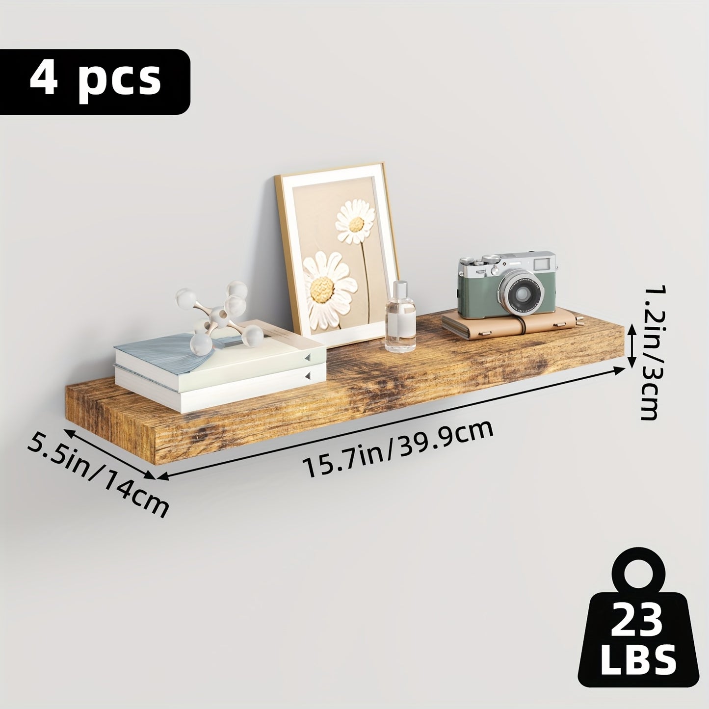 TOMNK 2/4/6pcs Set Floating Shelves, 15.7-inch/19.7-inch/22-inch Wooden Wall-Mounted Shelves, Suitable for Home Decor in Living Rooms and Kitchens, Strong Load-Bearing Capacity, Can Be Installed in Bathrooms, Bedrooms, Living Rooms, or Kitchens