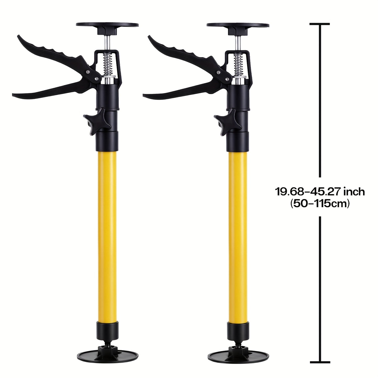 2pcs Telescopic Support Rods, 19.7-45.3 Inch Yellow Steel Third Hand Support System, 88.18 Lbs Load Capacity, Thickened Base for Extra Stability, Easy Height Adjustment for Lifting Drywall, Cabinets, Panels