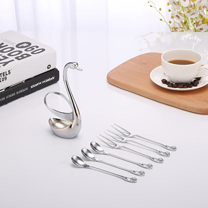 7pcs Elegant Swan-Shaped Stainless Steel Cutlery Rack (1 Swan And Zinc Alloy 3 Forks And 3 Spoons) Elegant Swan-Shaped Stainless Steel Cutlery Rack with Free Fork And Spoon Set - Small And Exquisite, Suitable for Halloween, Christmas Events