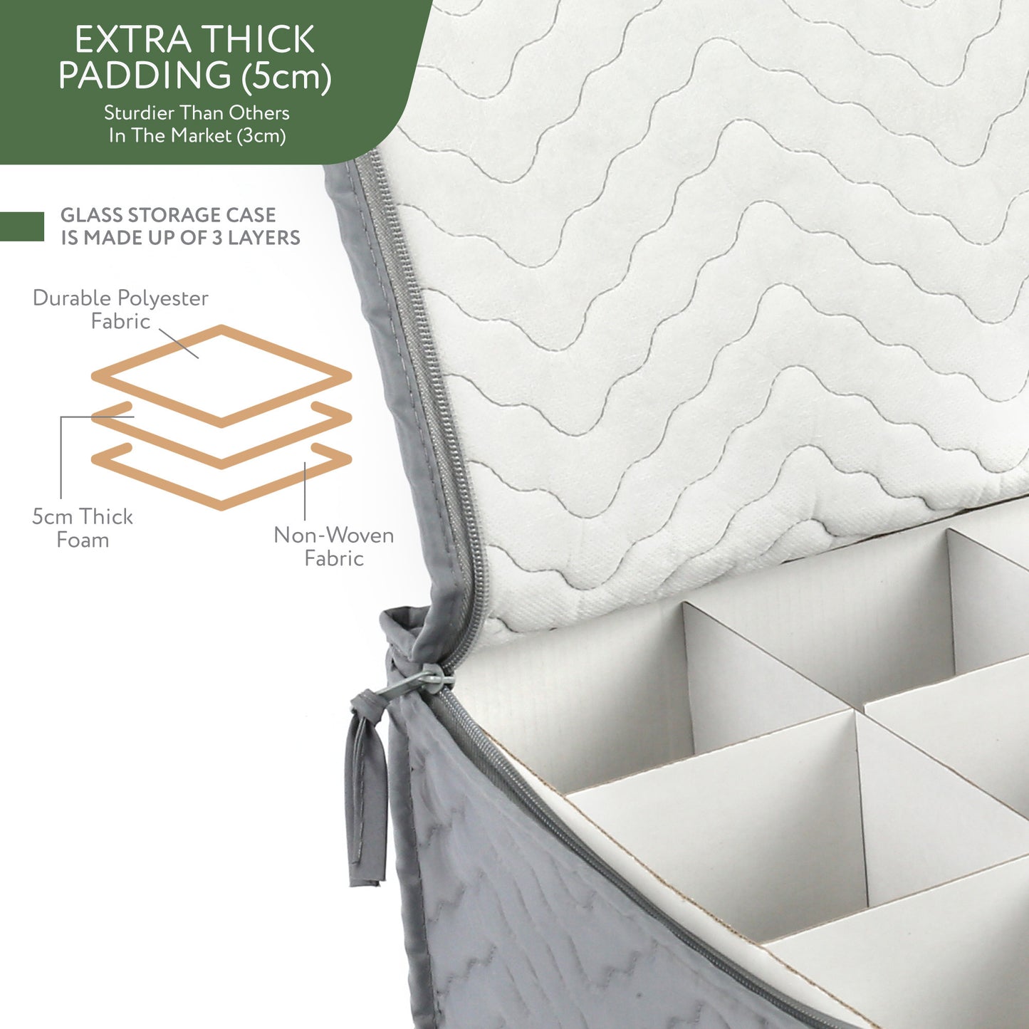 Stemware Storage Container - Deluxe Quilted Storage Case with Dividers for 12 - Wine Glasses, Champagne Flutes, Glassware, Drinkware Storage Box Chest, 15.5"x12.5"x 10", Gray