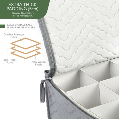 Stemware Storage Container - Deluxe Quilted Storage Case with Dividers for 12 - Wine Glasses, Champagne Flutes, Glassware, Drinkware Storage Box Chest, 15.5"x12.5"x 10", Gray